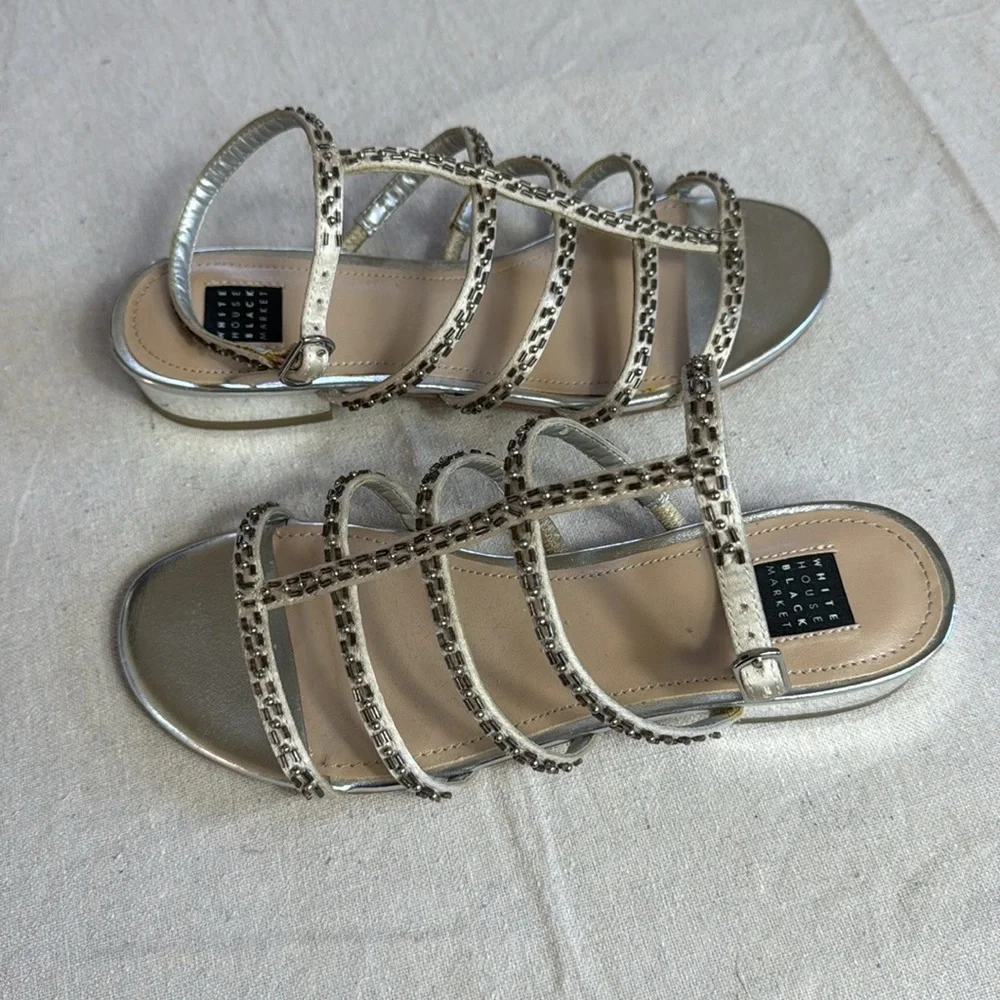White House Black Market Silver Strappy Sandals.